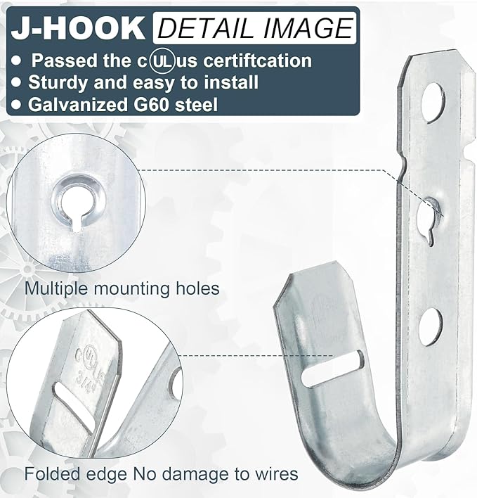 COCODE 50 Pack 3/4’’ J Hooks Cable Hangers Without Retainer Clip Galvanized Steel Wall Mount Heavy Duty Utility Hooks Cable Management for Structured Cabling
