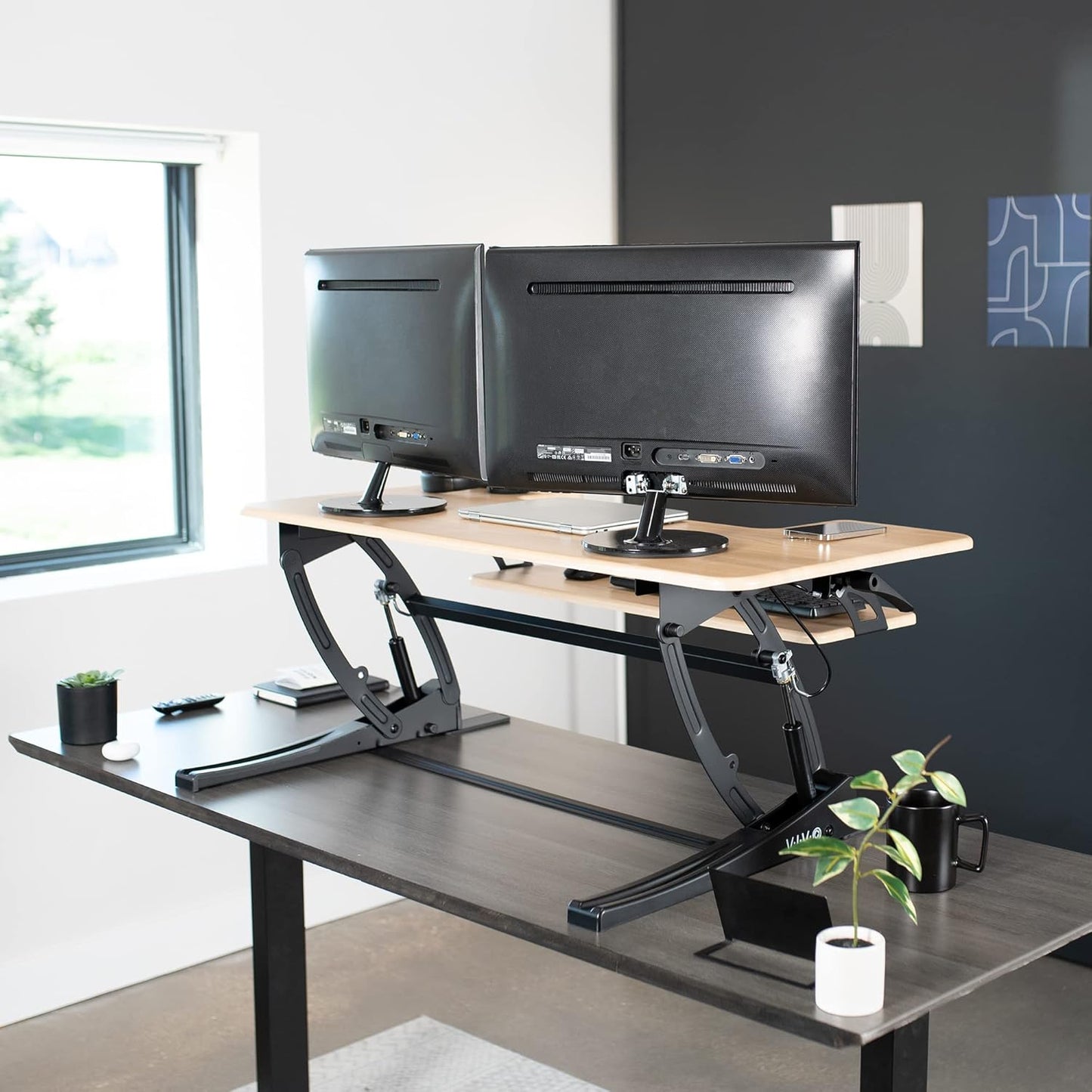 VIVO Height Adjustable Stand Up Desk Converter - Quick Sit to Stand Dual Monitor Riser | Light Wood Top, Black Frame