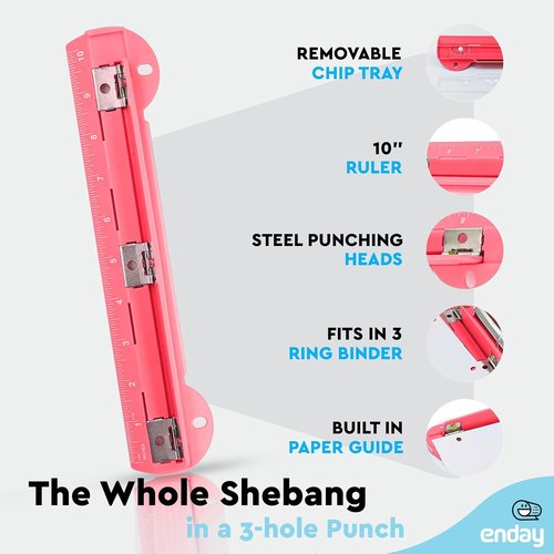 Enday 3-Hole Punch - Portable Binder Puncher with Removable Chip Tray | 3 Sheets Capacity, Pink