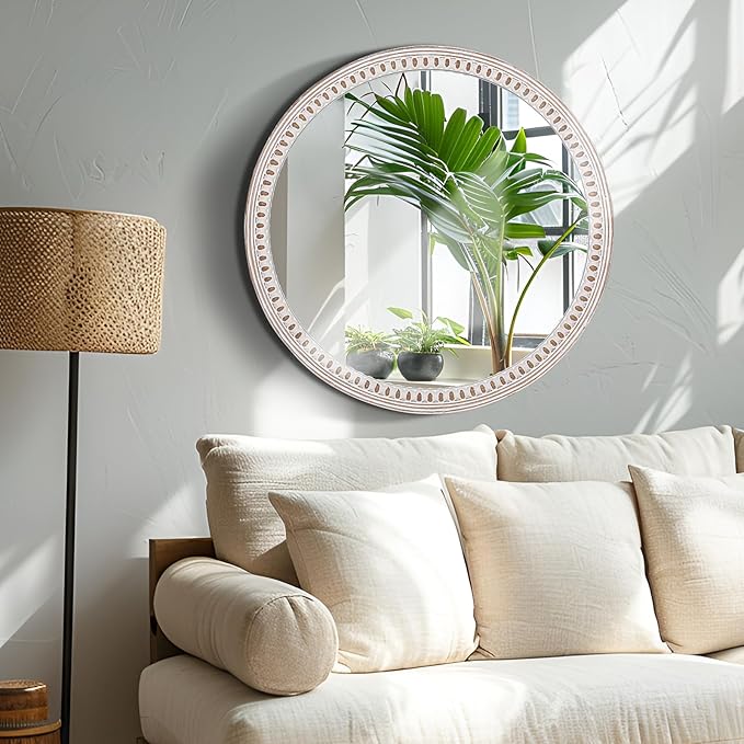 24 Inch Rustic Farmhouse Round Wood Wall Mirror, Decorative Circle Mirrors for Bathroom Over Sink, Living Room, Entryway, Bedroom