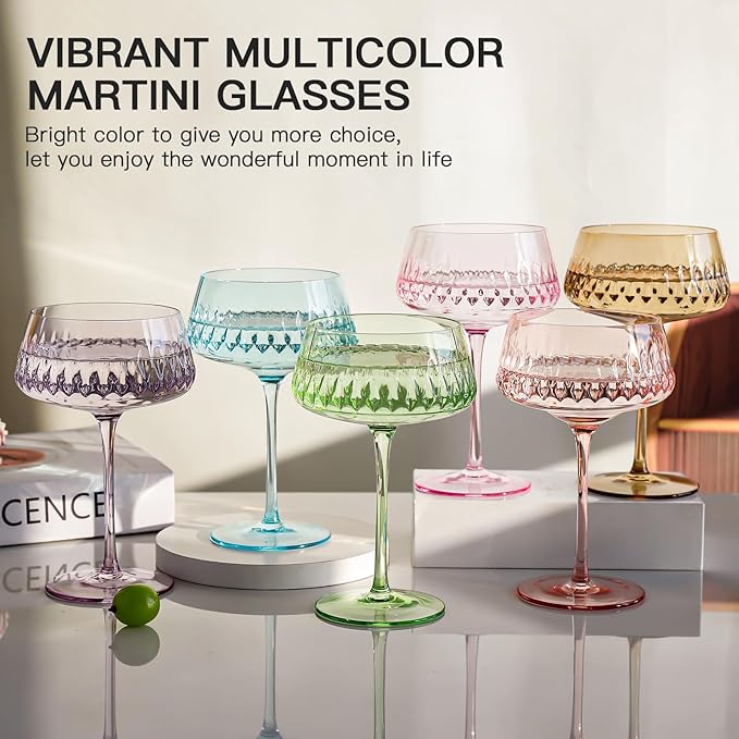JOVGANK Colored Martini Glasses Set of 6 - Hand Blown Colorful Cocktail Glass 14Oz, Vintage Champagne Coupe, Large Margarita, Crystal Retro Style Bar Drinking Glass - Mixed Color