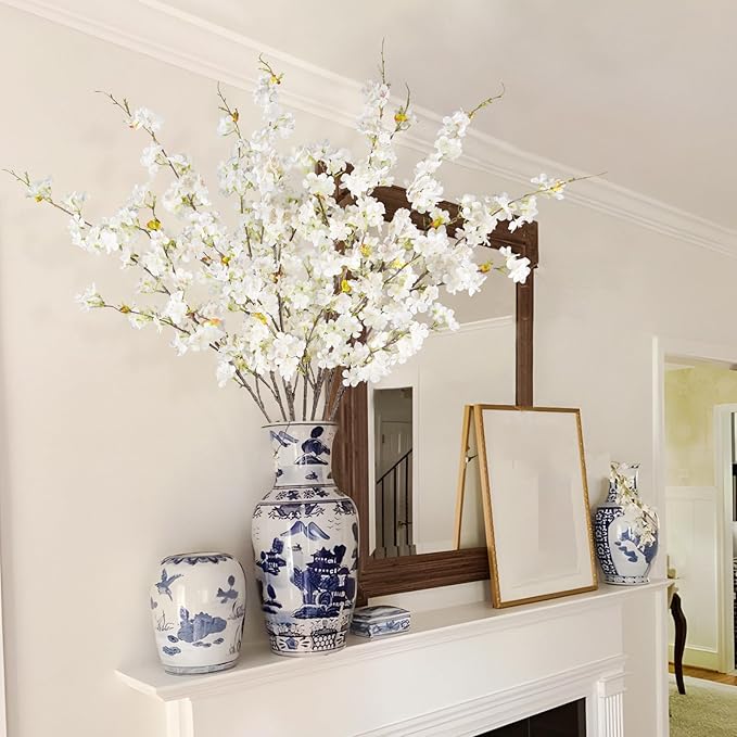 8 Pcs Artificial Cherry Blossom Flowers 40" Faux Silk Cherry Blossom Stems Fake Real Touch Peach Branches for Wedding Home Garden Japanese Decor White
