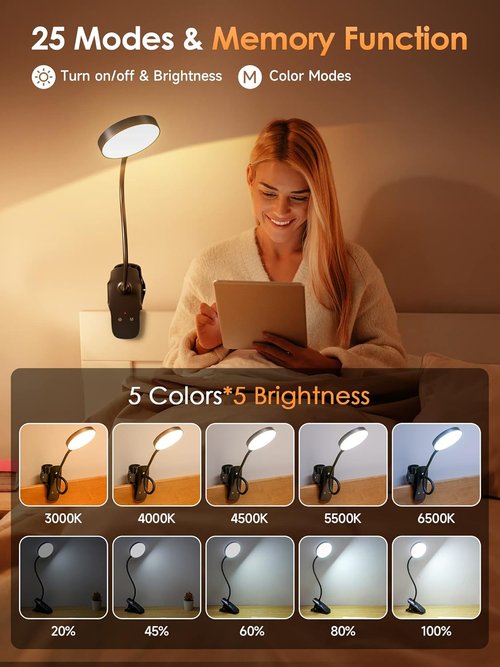 Mubarek Clip-On Lamp - 5 Brightness Levels & 5 Color Options | 200LM LED Reading Light with Rechargeable Battery