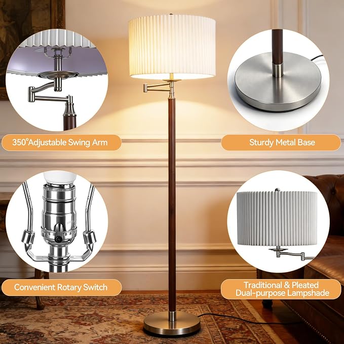 Traditional 350° Adjustable Swing Arm Farmhouse Floor Lamp for Bedroom, Modern Floor Lamps with Pleated Shade for Living Room, Rustic Standing Lamp Pole Lamps for Reading and Office
