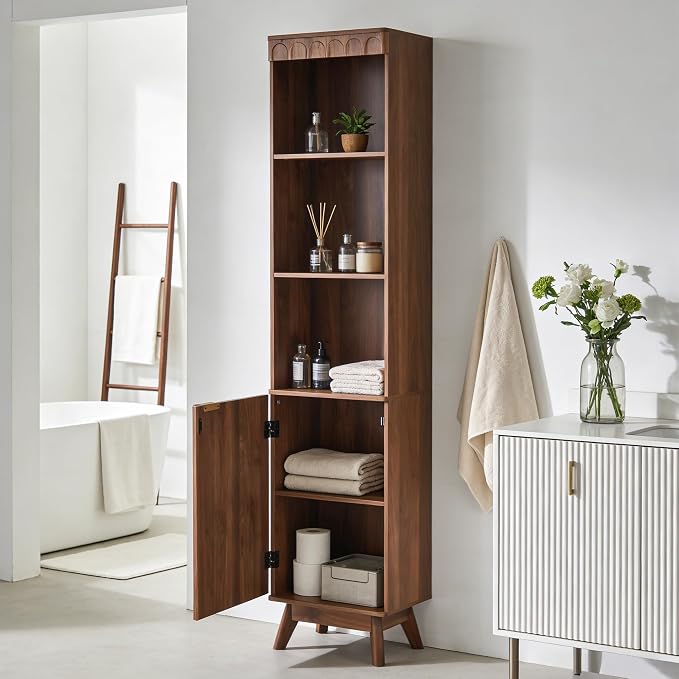 71" Tall Narrow Bathroom Storage Cabinet with Door, Small Fluted Cabinet with Adjustable Shelves & 3-Tier Open Shelf, Modern Freestanding Slim Organizer for Space Saving Living Room Kitchen (Walnut)