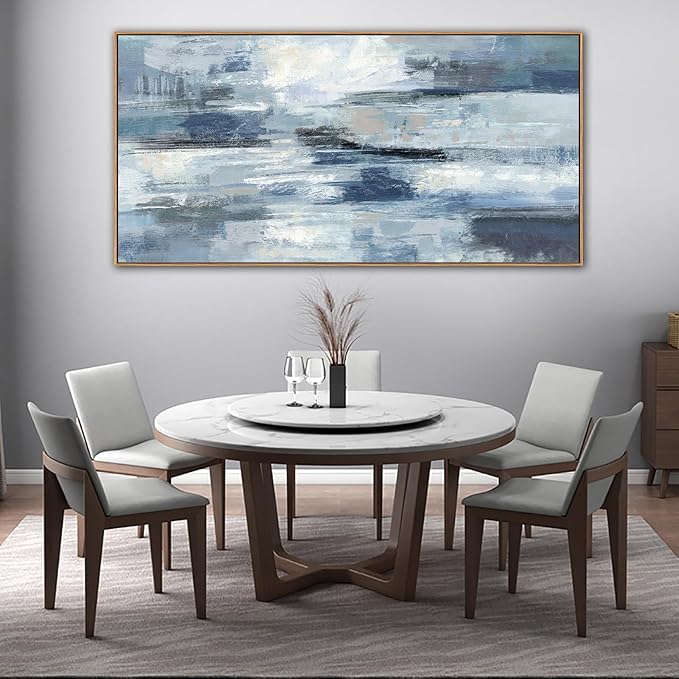 Indigo Framed Wall Art Abstract Ocean Canvas Pictures Blue White Grey Painting Vintage Wall Decor Modern Artwork Prints for Living Room Bedroom Bathroom Office Home Decoration Ready to Hang 29"x58"