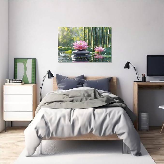 Ethereal pink lotus on obsidian Sunlit bamboo forest with sparkling water drops Poetic nature inspired wall art for tranquil homes and mindful spaces 28x40in Frameless