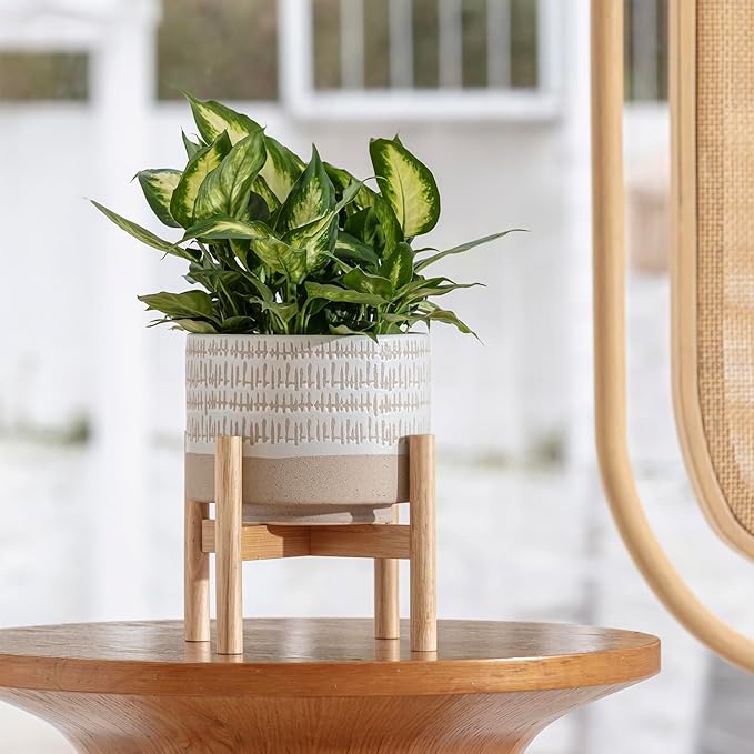 LA JOLIE MUSE Ceramic Plant Pot with Stand - 7.3 Inch Decorative Cylinder Flower Pot with Wood Planter Holder for Indoor, Yellow & White