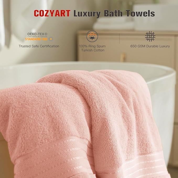 COZYART Soft Pink Bath Towel Set for Bathroom Soft Absorbent Durable 650 GSM Turkish Cotton Towel Sets of 6, 2 Large Bath Towels, 2 Hand Towels, 2 Washclothes