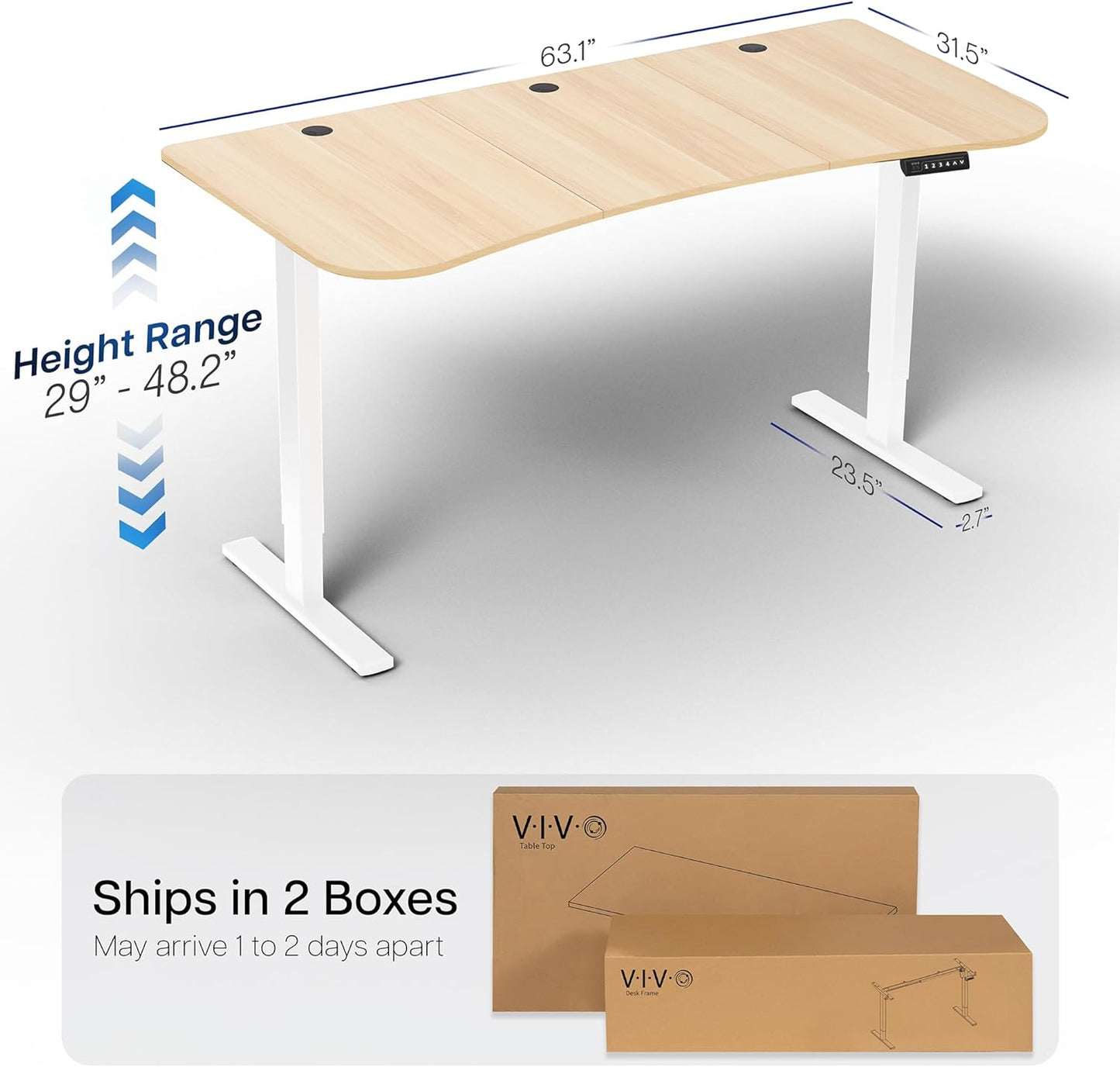 VIVO Electric Standing Desk - Memory Height Adjustment, Light Wood Top & White Frame, 63 x 32 in