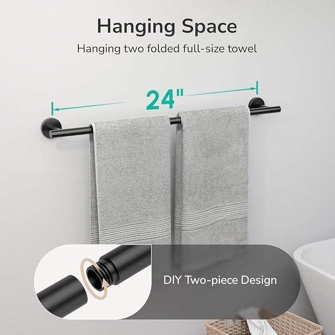 USHOWER 2-Pack Matte Black Towel Bar, 24-Inch Towel Racks for Bathroom Wall-Mounted, SUS304 Stainless Steel Towel Rod (Total Length 26-Inch)