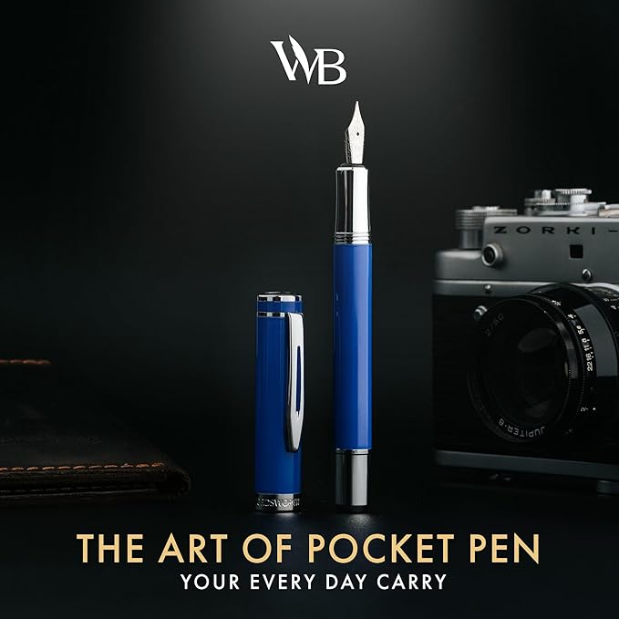 Wordsworth and Black Fountain Pen Mini EDC: Luxury Blue Heavy Pocket Pen, Chrome Finish, Medium Nib, 6 Ink Cartridges, Ink Converter, Travel Refillable Writing Pen Gift Set, Men & Women