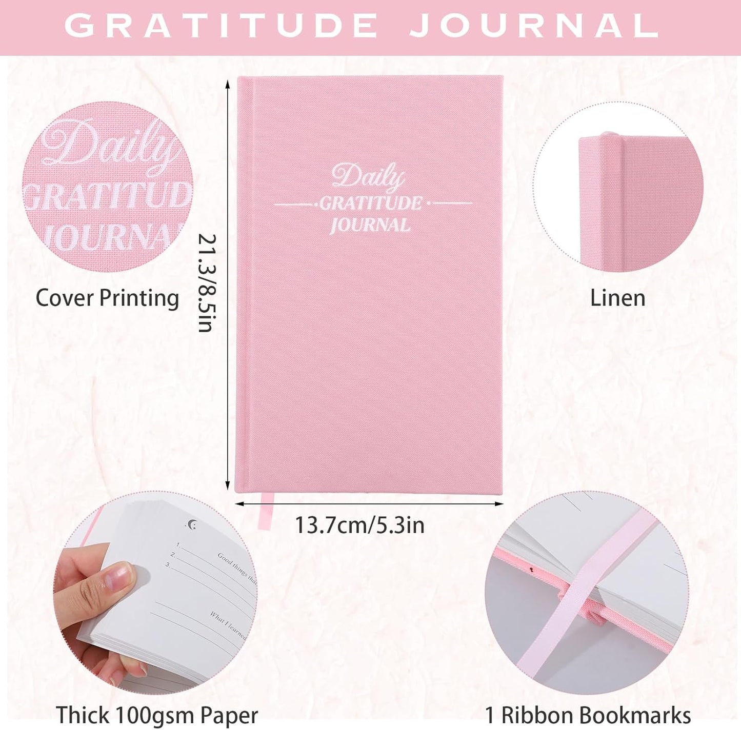 Thboxes Daily Gratitude Journal - Undated 5-Minute Journal for Happiness & Mindfulness | Light Pink, 8.4 x 5.7 Inch