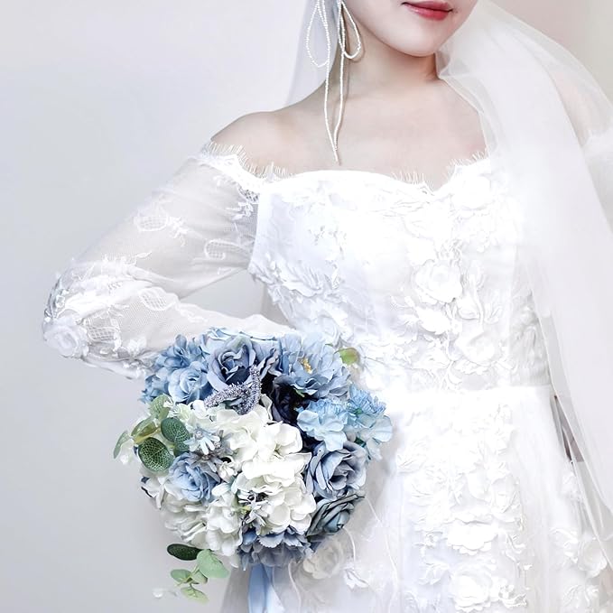 Dusty Blue Wedding Bouquets for Bride Bridesmaid,White Navy Blue Artificial Fake Silk Roses Flowers Bridal Bouquets for Wedding Boho Rustic French Vintage Church Decoration Toss Bouquet (8.6in(M))