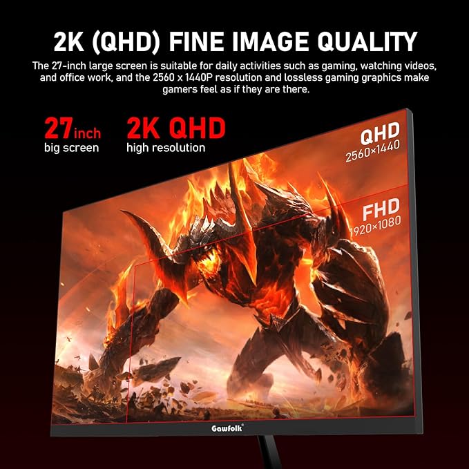 Gawfolk 27 inch IPS 2K QHD(2560×1440) PC Screen,320Hz Gaming Computer Monitor, 1ms Without Bezel, FreeSync,120% sRGB, HDMI2.0、DisplayPort, 75 * 75MM Wall Mount Compatible - Black