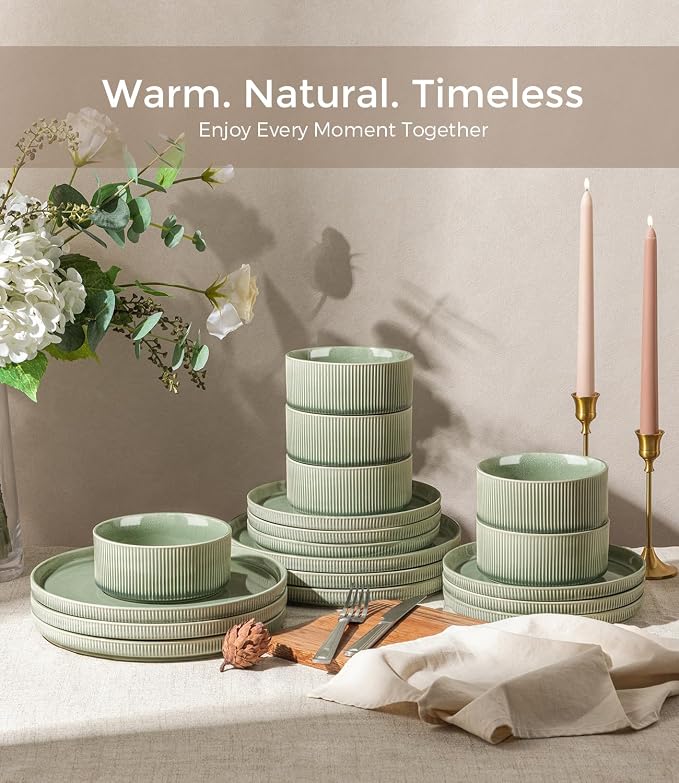 GBHOME 12-Piece Stoneware Dinnerware Set for 4 – Ribbed Ceramic Plates and Bowls, Scratch-Resistant, Microwave & Dishwasher Safe, Reactive Glaze, Light Green