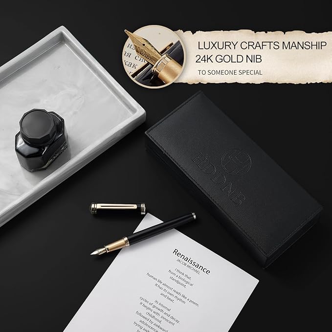 HDDNB Black Luxury Fountain Pen Set for Men and Women with Gift Box, 24K Gold Finish and Gilded Nib(Medium) with 5 Black Ink Cartridges and Converter