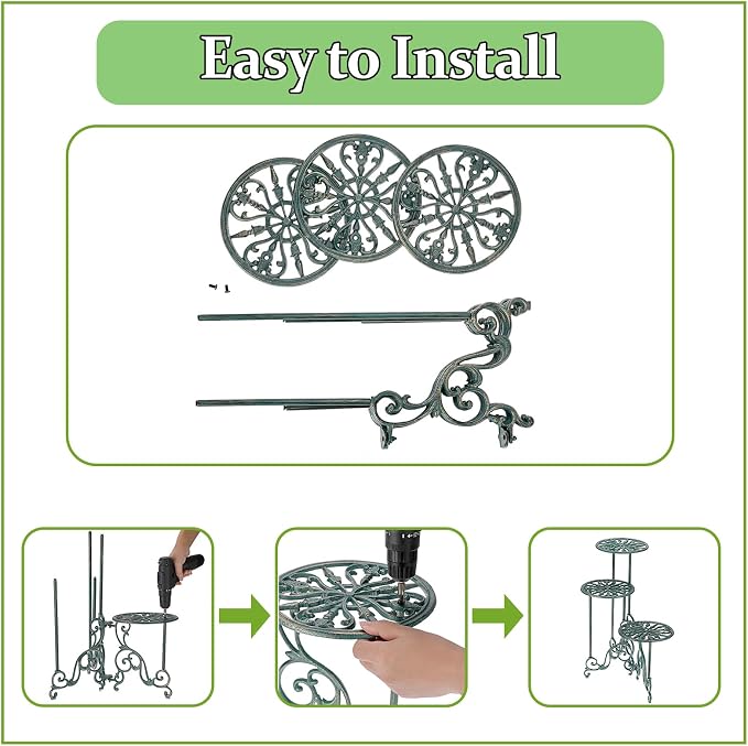 OwnMy 3 Tier Heavy Duty Cast Iron Plant Stand Foldable Wrought Iron Flower Pot Holder, Indoor Outdoor Tall Plant Stand Shelf for Garden Patio, Decorative Round Metal Plant Display Rack, Antique Green