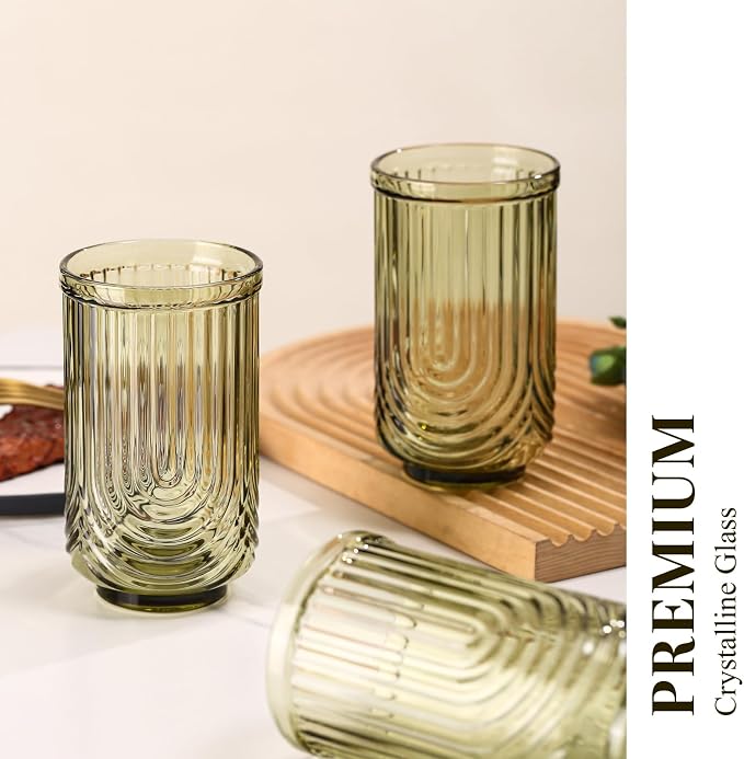 Green Vintage Drinking Glasses Set of 6-17oz Hand-Blown Highball Ribbed Glassware, Arch Design Cocktail Glasses for Whiskey Water Beverages Ice Coffee Juice Milk