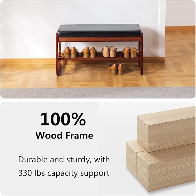 SOBIBO Solid Wood Shoe Bench, 2-Tier Wooden Entryway Bench, Modern Shoe Rack with Faux Leather Cushion for Hallway, Living Room (Black, 31.5'')
