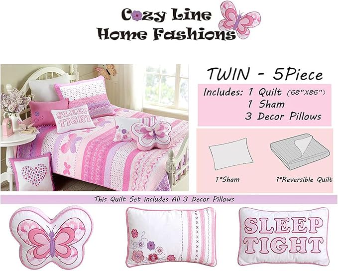Cozy Line Home Fashions Cute Pink Butterfly Stripe Hearts 100% Cotton Soft Bedding Quilt Set, Coverlet, Bedspread (Twin - 5 Piece)