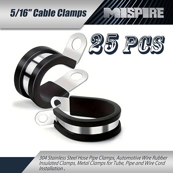 Cable Clamps 5/16 inch 25 Pack, 304 Stainless Steel Hose Pipe Clamps, Automotive Wire Rubber Insulated Clamps, Metal Clamps for Tube, Pipe and Wire Cord Installation by MISPIRE, Black, MI-RC-5/16-25