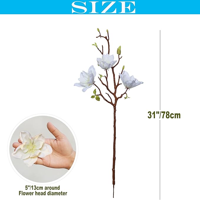 3pcs Artificial Magnolia Flower Branches, 31 Inch Long Stem Faux Floral, Premium Faux Bloom for Home Decor, Centerpieces, and Wedding Arrangements, White
