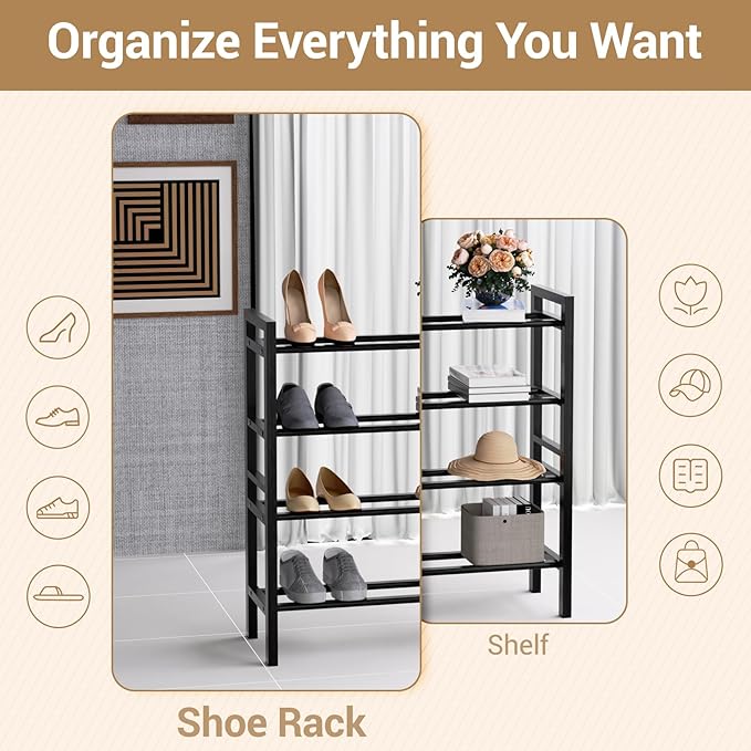 Haddockway Bamboo Shoe Rack for Closet, Free Standing Shoe Organizer with Smooth Round Rods & Convenient Handles, Stackable Shoe Storage Shelf for Entryway, Hallway(Black, 4-Tier(Small))