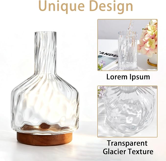 Clear Glass Vase Flower, Rippled Flower Vases with Wooden Base, 10-inch Modern Round Vases, Suitable for Living Room, Dining Room...