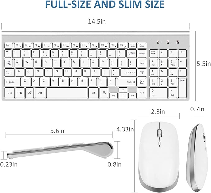 FENIFOX Keyboard and Mouse Wireless, USB 2.4GHz Combo Silent Quiet Low Profile Compact Full Size Flat Slim Thin Portable with Number Pad Soft Cover for PC Laptop Computer Office - White & Silver