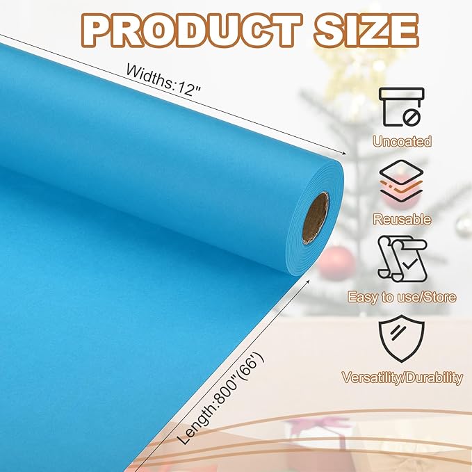 PATIKIL Wrapping Paper, 12" x 800"(66') 70 GSM Craft Paper Roll Kraft Packing Paper for Poster Bulletin Board, Gift Wrapping, Light Blue