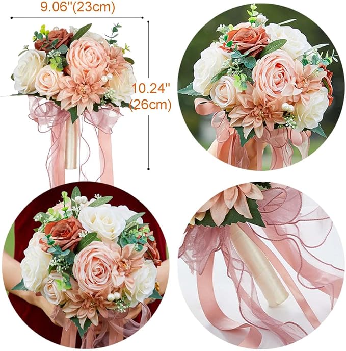 CYANLUX Wedding Bouquets for Bride Bridesmaid Bouquet Champagne White Artificial Roses Flowers for Wedding Valentine's Day Church Home Decoration… (Pink)