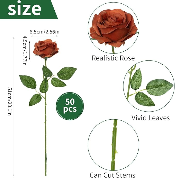 50pcs Artificial Roses Flowers in Bulk,Realistic Silk Fake Rose with Long Stem for Wedding Centerpieces Bouquet Party Floral Arrangement Home Decoration (Burnt Orange)