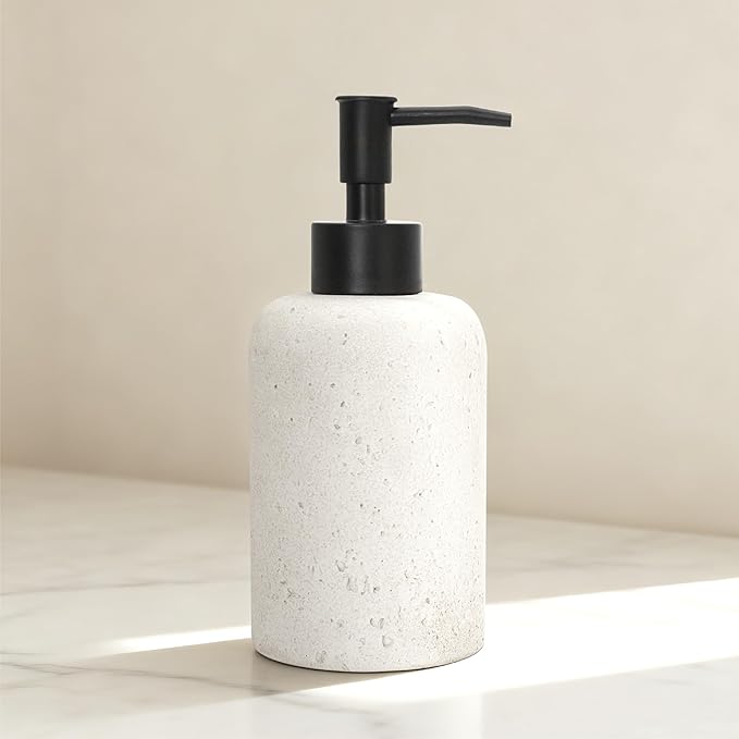 13.5 oz Bathroom & Kitchen Countertop Soap Dispenser, Travertine-Look Durable Resin Bottle with ABS Pump (White)