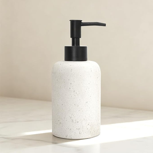 13.5 oz Bathroom & Kitchen Countertop Soap Dispenser, Travertine-Look Durable Resin Bottle with ABS Pump (White)