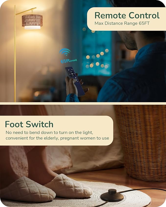 EDISHINE Rattan Arc Floor Lamp with Remote, Gold Farmhouse Standing Lamps for Living Room, Rattan & Fabric Dual Shades, Dimmable LED Bulb, Foot Switch, Adjustable Head Boho Lamp for Bedroom, Nursery