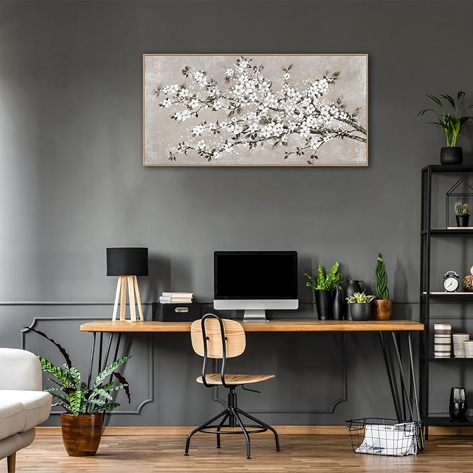 VEAEE White Blossom Branches Wall Art, Floral Canvas Prints, Living Room Decor Abstract Flowers Painting Canvas Pictues, Contemporary Artwork Bedroom Office Kitchen Wall Decor Ready to Hang 20"x40"