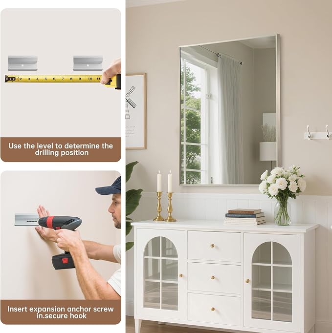 Brushed Nickel Bathroom Mirror, 24"x36" Rectangle Mirror, Brushed Mirror, Metal Frame Square Corner Vanity Mirror, Wall Mounted Mirror for Modern, Living Room, Bedroom, Horizontal Or Vertical
