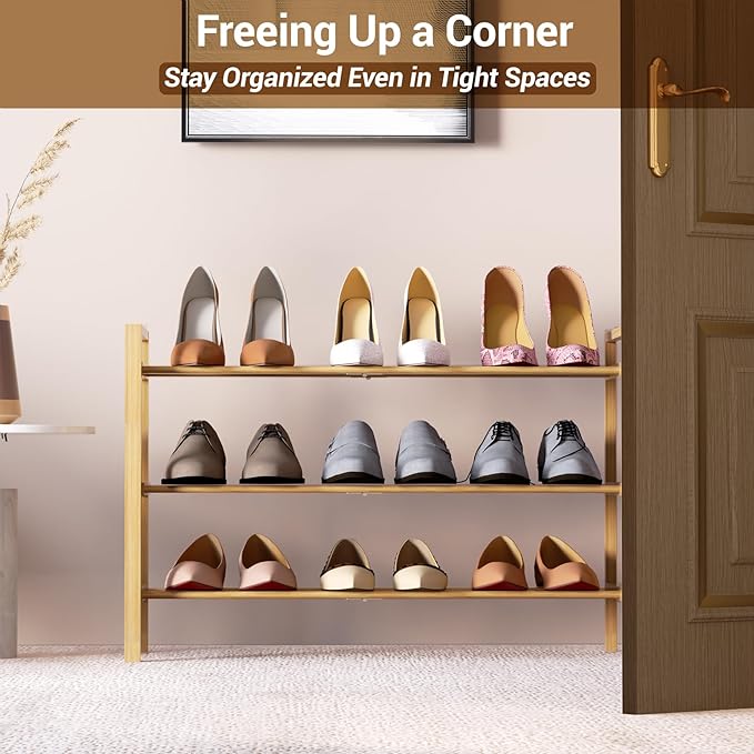 Haddockway Bamboo Shoe Rack for Closet, Free Standing Shoe Organizer with Smooth Round Rods & Convenient Handles, Stackable Shoe Storage Shelf for Entryway, Hallway(Natural, 3-Tier)