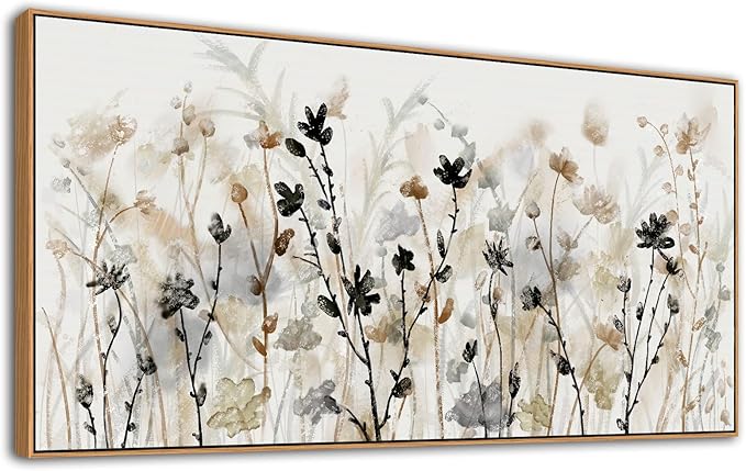 Framed Floral Wall Art Abstract Grey Cream White Grass Flowers Canvas Pictures Modern Landscape Painting Botanical Artwork for Living Room Bedroom Kitchen Office Wall Decor Ready to Hang 29"x58"