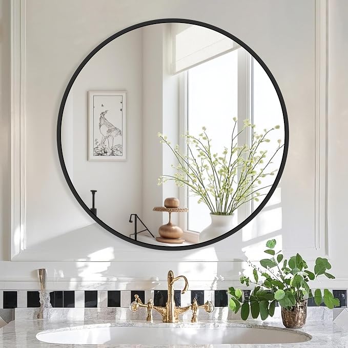 Black Round Mirror 22 Inch, Circle Wall Mirrors with Metal Frame, Wall Mounted Circular Mirror for Bathroom, Vanity, Entryway, Living Room, Hallway, Wall Decor
