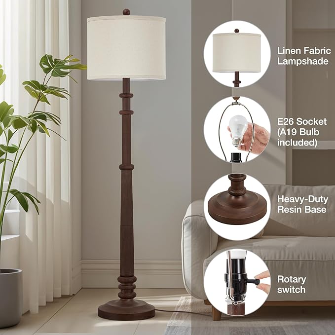 Floor Lamps for Living Room - 60" Resin Farmhouse Floor Lamp with Adjustable Color Temperatures - Vintage Standing Lamp Reading Light with Linen Shade Tall Lamp for Bedroom Office, Reddish Brown