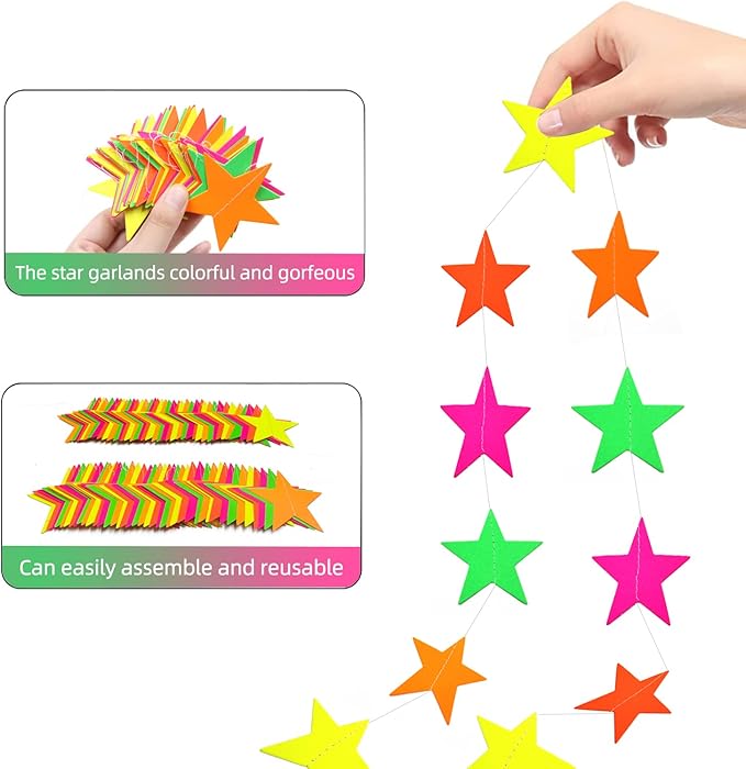 110feet UV Star Paper Neon Garland Streamers Black Light Decorations for Dark Glow Party UV Reactive Party Favors Glow in The Dark Supplies Wedding Birthday Banners