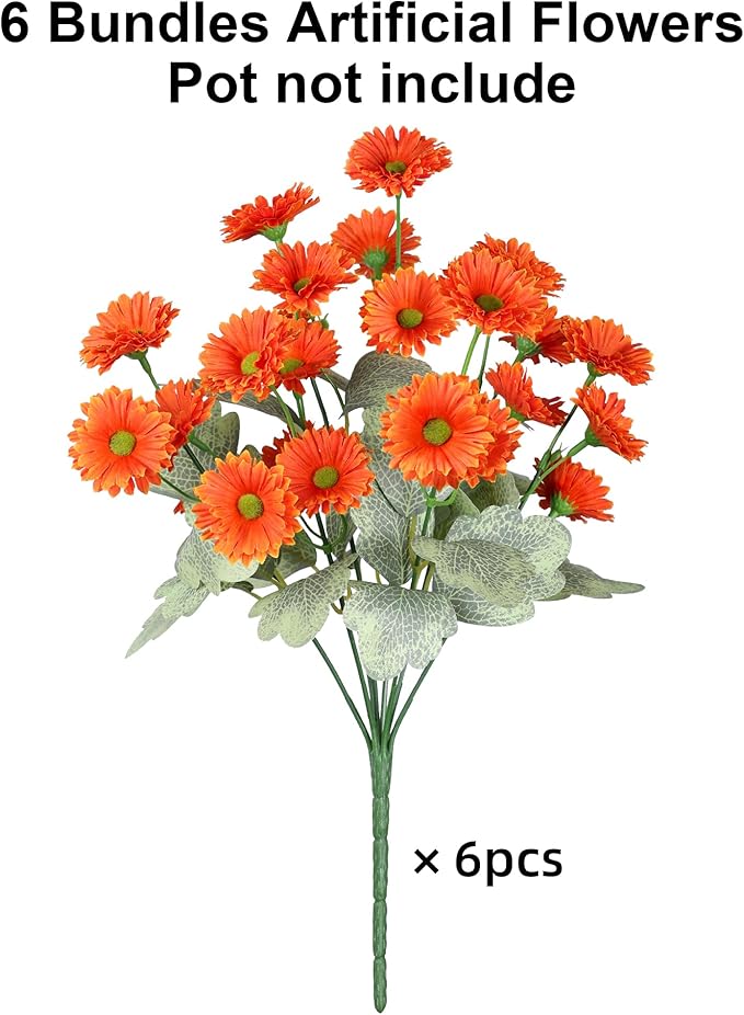 HyeFlora Dahlia Artificial Winter Flowers for Outdoors Christmas Decoration, 6 Bundles Fake Daisy Orange Faux Plants Realistic UV Resistant Silk Flowers for Outside Planter Front Door Yard Garden