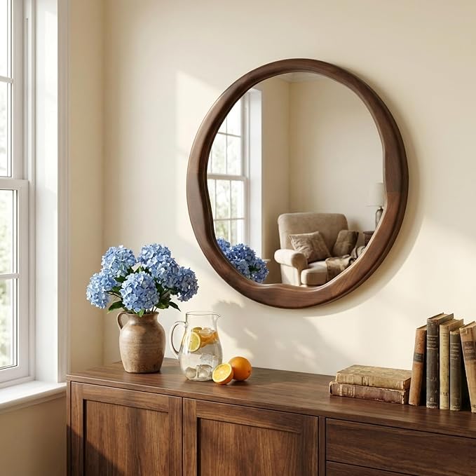 Dark Walnut Round Wall Mirror 24 Inch, Solid Wood Framed Mirror with Asymmetrical Wavy Inner Edge for Entryway, Organic Decor for Hallway & Bathroom