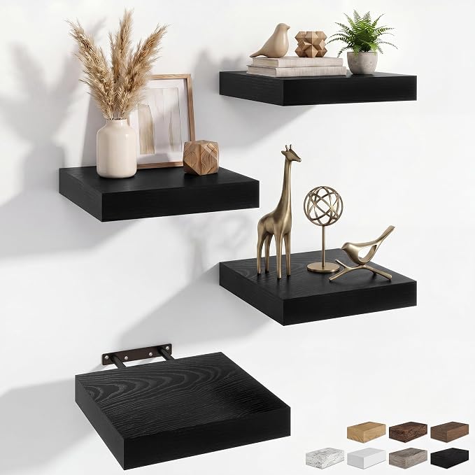 RICHFOCUS 8 Inch Floating Shelves for Wall Small Square Shelves Set for Bedroom|Kitchen|Bathroom|Laundry Room Rustic Wood Wall Mounted Shelf with Invisible Brackets for Books|Storage|Decor, Black