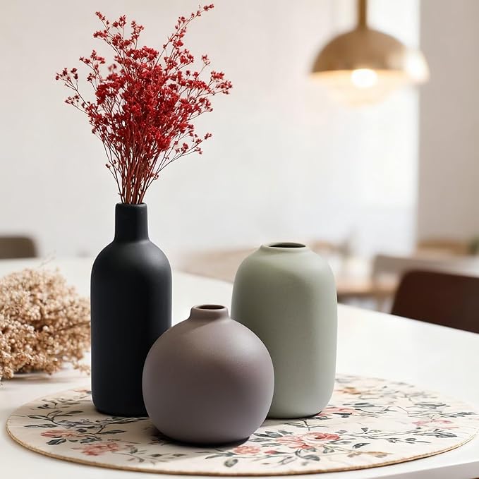 Christmas Ceramic Flower Vases, Modern Farmhouse Neutral-Colored Xmas Gift Decorative Vases for Dried Fresh Flowers, Home Decor for Table，Living Room，Shelf (Set of 3)