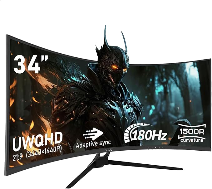 ZZA UltraWide 34 inch Curved Monitor 1500R PC Screen 180hz Refresh Rate WQHD 3440x1440 Computer Gaming Monitor VA PanelAMD FreeSync Premium | HDR10 | 99% sRGB | VESA