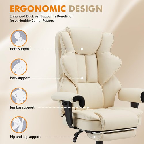 HOMREST Executive Massage Chair - Ergonomic Heat & Reclining Office Chair with Footrest | Off White