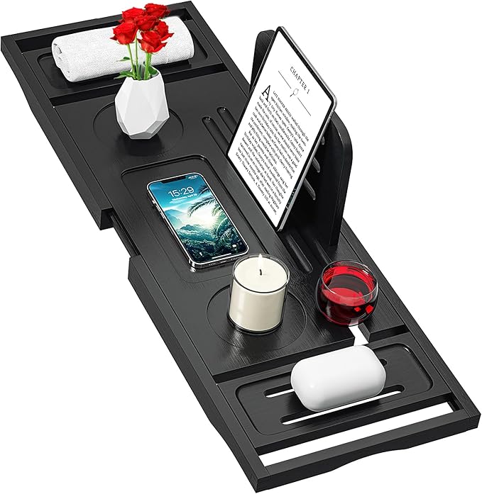 Bathtub Tray Caddy Black- Bath Tray Black - Bath Tub Tray Caddy - Bamboo Bath Tray for Tub - Expandable Size, Fits Most Tubs